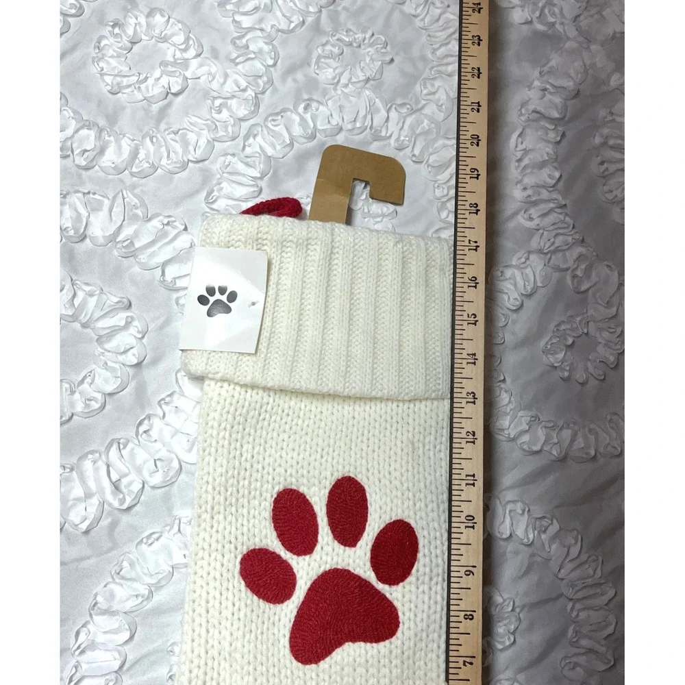 Cream Knit Christmas Stocking Burgundy Paw Print Holiday Decor Pet‎ Lover 20
